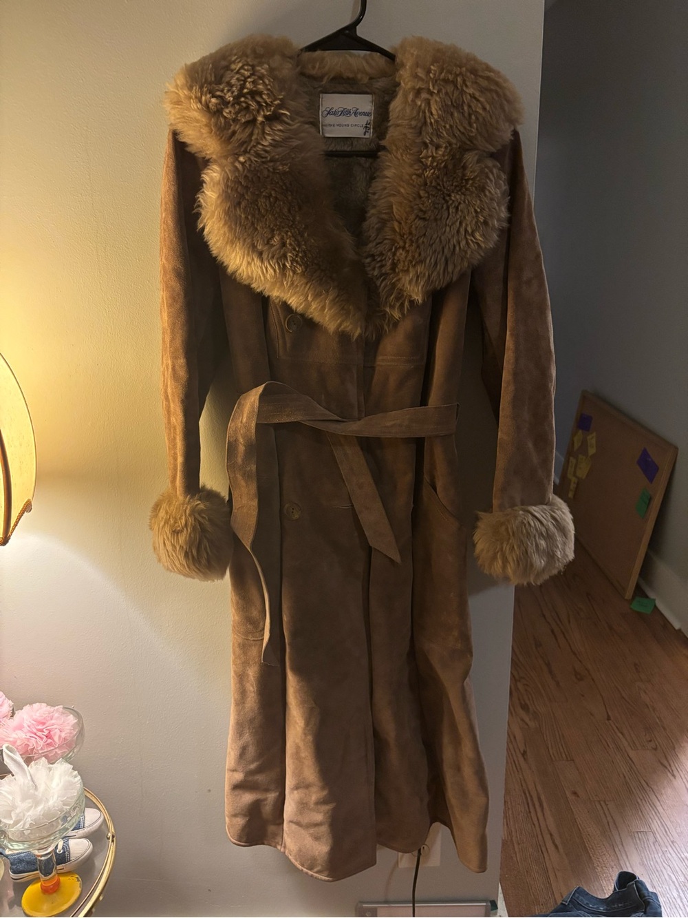 Saks Fifth Avenue Vintage Long Brown Shearling Trench Coat with Faux Fur Trim